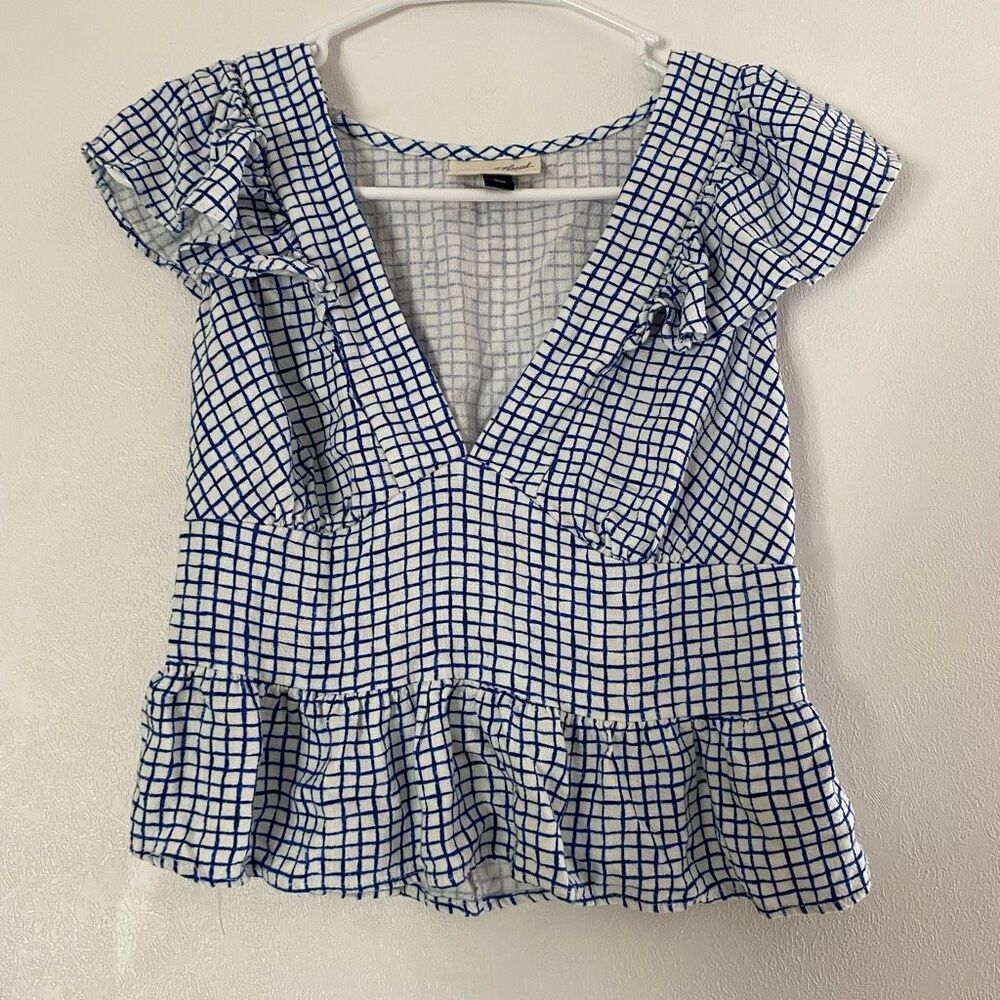 Universal Thread Blue Check Ruffle Peplum Top Small - Picture 2 of 10